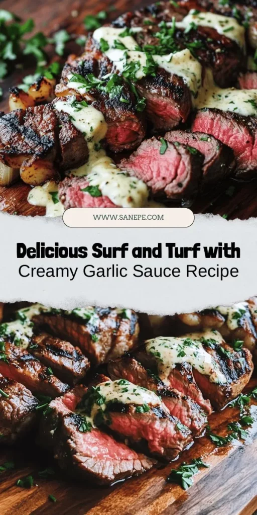 Indulge in a culinary masterpiece with this Surf and Turf Delight featuring a luscious creamy garlic sauce. Perfect for special occasions or cozy dinners, this dish combines succulent steak with tender lobster for a truly unforgettable experience. The rich flavors and elegant presentation will impress your guests, making every meal memorable. Try it today and savor the deliciousness! #SurfAndTurf #SeafoodLovers #GourmetCooking #DinnerParty #Foodie #RecipeIdeas #CookingAtHome #DeliciousMeals