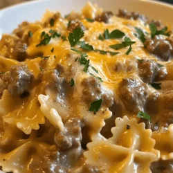 Bowtie pasta, or farfalle, is not just a visually appealing choice for this creamy dish; its unique shape plays a significant role in the overall eating experience. The pinched centers and wide wings of the pasta allow it to hold onto sauces exceptionally well. This means that every bite of your creamy beef sauce clings to the pasta, delivering maximum flavor. Additionally, its texture provides a satisfying chew, making it a perfect canvas for the rich, creamy sauce that envelops it.