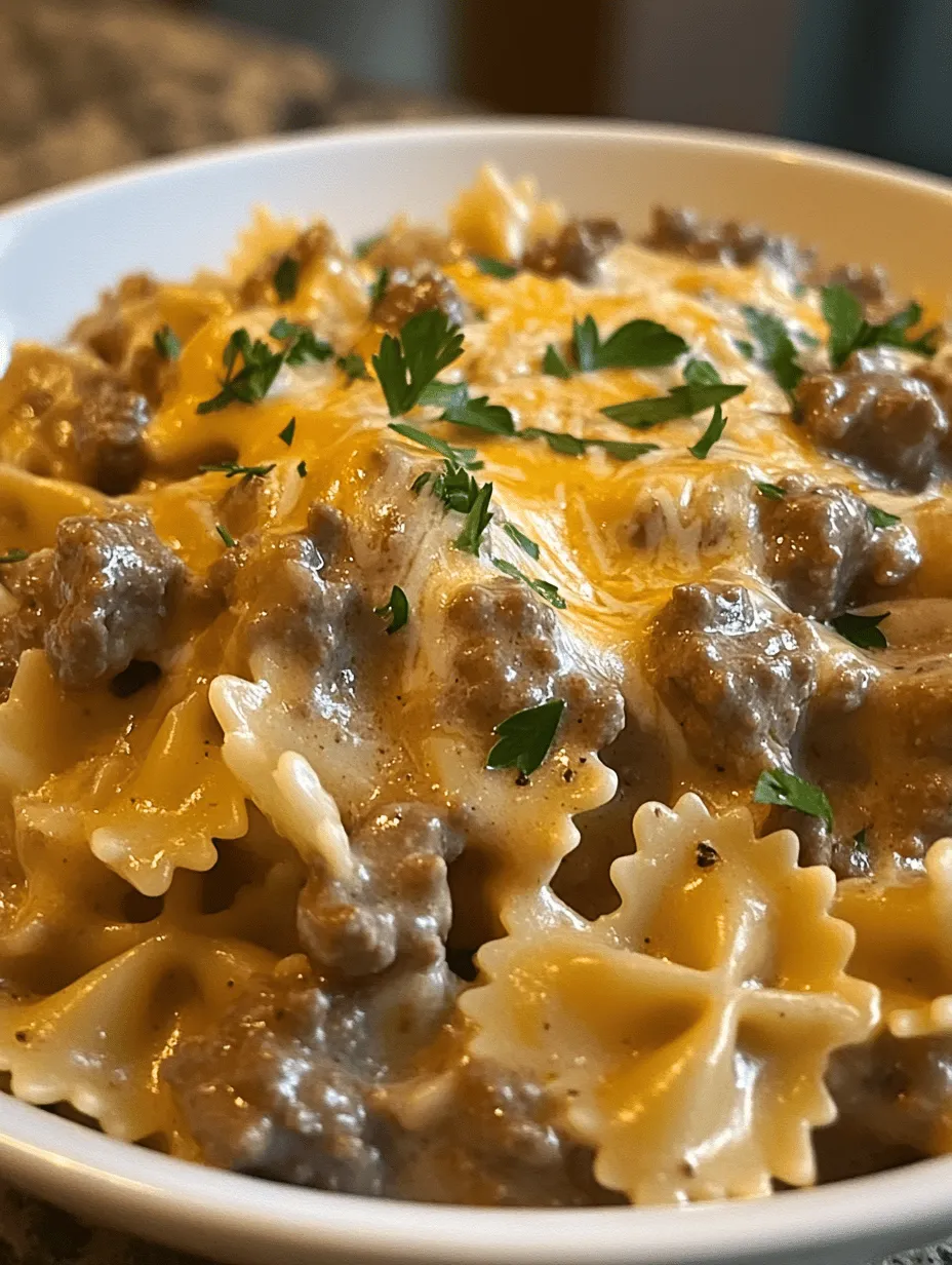 Bowtie pasta, or farfalle, is not just a visually appealing choice for this creamy dish; its unique shape plays a significant role in the overall eating experience. The pinched centers and wide wings of the pasta allow it to hold onto sauces exceptionally well. This means that every bite of your creamy beef sauce clings to the pasta, delivering maximum flavor. Additionally, its texture provides a satisfying chew, making it a perfect canvas for the rich, creamy sauce that envelops it.