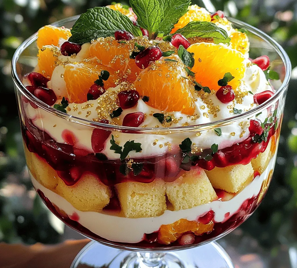 The Sparkling Pomegranate Citrus Trifle is an exquisite dessert that beautifully combines the tartness of pomegranate seeds with the sweetness of oranges, all layered with creamy mascarpone and light sponge cake. This visually stunning and delicious treat not only satisfies your sweet tooth but also serves as a centerpiece for any festive occasion. With its vibrant colors and appealing textures, the trifle captures the essence of celebration, making it a perfect addition to holiday gatherings, birthdays, or any event where you want to impress your guests.