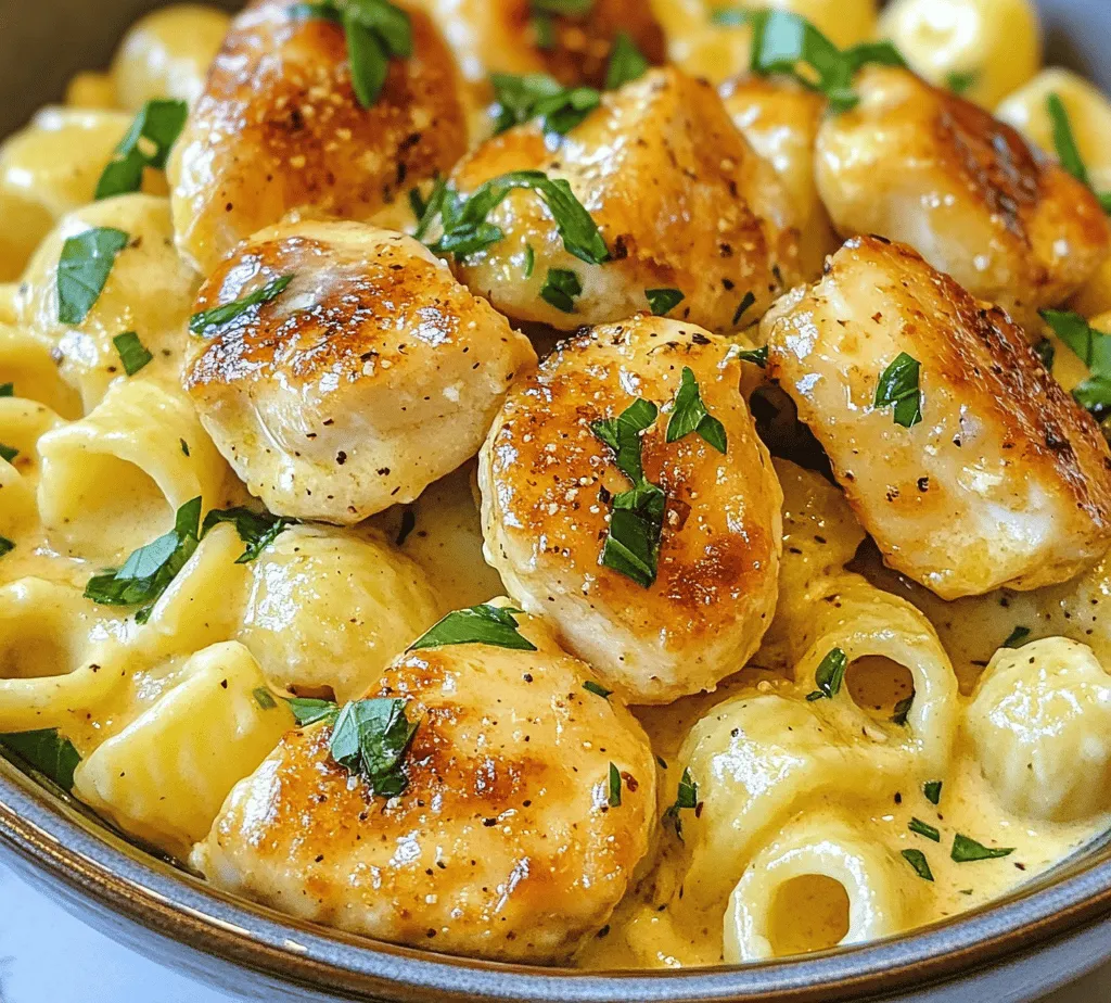 In the realm of quick yet indulgent meals, <strong>Garlic Butter Chicken Bites with Savory Creamy Parmesan Pasta</strong> stands out as a perfect choice for busy weeknights or intimate gatherings. This dish combines tender, flavorful chicken bites sautéed in a rich garlic butter sauce with creamy, cheesy pasta, creating a harmonious blend of textures and tastes that will leave you craving more. Whether you’re an experienced home cook or a culinary novice, this recipe offers a simple yet rewarding cooking experience.” /></p>
</p>
<h3>Step-by-Step Recipe Instructions</h3>
</p>
<p>Creating Garlic Butter Chicken Bites with Savory Creamy Parmesan Pasta is a delightful culinary adventure that combines simplicity with mouthwatering flavors. Here’s your comprehensive guide to bringing this delicious dish to life, step by step.</p>
</p>
<h4>Cooking the Pasta</h4>
<p>Start by filling a large pot with water and bringing it to a boil. For every pound of pasta, add about 1 tablespoon of salt to the boiling water. This enhances the flavor of the pasta itself. Once the water is boiling, add your favorite pasta, such as fettuccine, spaghetti, or penne, and cook according to the package instructions. Aim for al dente texture, which typically takes about 8 to 10 minutes, depending on the pasta type.</p>
</p>
<p><strong>Tip</strong>: Reserve about 1 cup of the pasta cooking water before draining the pasta. This starchy water can be added later to the creamy sauce to achieve the desired consistency.</p>
</p>
<h4>Preparing the Chicken Bites</h4>
<p>While the pasta is cooking, take about 1 pound of boneless, skinless chicken breasts and cut them into bite-sized pieces. In a medium bowl, season the chicken with salt, pepper, garlic powder, and a pinch of paprika for an extra kick.</p>
</p>
<p>Heat a large skillet over medium-high heat and add 2 tablespoons of olive oil. Once the oil is shimmering, add the seasoned chicken pieces in a single layer, making sure not to overcrowd the pan. Sauté the chicken for 5-7 minutes, stirring occasionally, until golden brown and cooked through. Use a meat thermometer to ensure the internal temperature reaches 165°F (75°C).</p>
</p>
<p><strong>Tip</strong>: For added flavor, consider marinating the chicken in the seasonings for 30 minutes prior to cooking.</p>
</p>
<h4>Crafting the Garlic Butter</h4>
<p>In the same skillet where you cooked the chicken, reduce the heat to medium and add 4 tablespoons of unsalted butter. Allow the butter to melt, then add 4-5 minced garlic cloves. Sauté the garlic for about 1-2 minutes until fragrant, being careful not to let it burn, as burnt garlic can impart a bitter flavor.</p>
</p>
<p>Once the garlic is fragrant, return the cooked chicken to the skillet and toss to coat it in the garlic butter. This step enhances the flavor of the chicken and prepares it for the creamy sauce.</p>
</p>
<h4>Creating the Creamy Parmesan Sauce</h4>
<p>To make the sauce, add 1 cup of heavy cream to the skillet with the chicken and garlic. Stir well to combine, then let it simmer for 3-5 minutes, allowing the sauce to thicken slightly. Gradually whisk in 1 cup of freshly grated Parmesan cheese, stirring until melted and creamy. If the sauce is too thick, incorporate some of the reserved pasta cooking water until the desired consistency is achieved.</p>
</p>
<p><strong>Tip</strong>: For a touch of brightness, consider adding a squeeze of lemon juice or a pinch of fresh herbs like parsley or basil.</p>
</p>
<h4>Combining Elements</h4>
<p>Once the pasta is cooked and drained, add it directly to the skillet with the chicken and creamy sauce. Toss everything together gently, ensuring that the pasta is evenly coated with the sauce and that the chicken bites are well distributed throughout.</p>
</p>
<p><strong>Tip</strong>: If you prefer a little texture, add some sautéed vegetables like spinach, mushrooms, or cherry tomatoes at this stage.</p>
</p>
<h4>Plating and Presentation</h4>
<p>To serve, dish out generous portions of the Garlic Butter Chicken Bites with Savory Creamy Parmesan Pasta onto warm plates. For an inviting presentation, garnish each plate with a sprinkle of freshly chopped parsley and additional grated Parmesan. A twist of black pepper can also enhance the visual appeal and add a little extra flavor.</p>
</p>
<h3>Nutritional Information</h3>
<p>This delicious dish not only satisfies the palate but also provides a substantial nutritional profile. Here’s an overview of the estimated nutritional content per serving (based on four servings):</p>
</p>
<p>– <strong>Calories</strong>: Approximately 550</p>
<p>– <strong>Protein</strong>: 35g</p>
<p>– <strong>Fat</strong>: 28g</p>
<p>– <strong>Carbohydrates</strong>: 45g</p>
</p>
<p>For those with dietary restrictions, consider these adjustments:</p>
<p>– <strong>Gluten-Free</strong>: Substitute regular pasta with gluten-free pasta options available in most supermarkets.</p>
<p>– <strong>Lower Calorie</strong>: Use low-fat milk or a dairy-free alternative in place of heavy cream, and reduce the amount of butter used.</p>
<p>– <strong>Dairy-Free</strong>: Replace butter with plant-based butter and use nutritional yeast in place of Parmesan cheese for a cheesy flavor.</p>
</p>
<h3>Pairing Suggestions</h3>
<p>To elevate your dining experience, consider these complementary side dishes and beverages:</p>
</p>
<p>– <strong>Side Dishes</strong>:</p>
<p>– A crisp Caesar salad drizzled with a zesty dressing pairs beautifully with the richness of the pasta.</p>
<p>– Garlic bread, either traditional or made with a gluten-free alternative, is perfect for soaking up any leftover creamy sauce.</p>
</p>
<p>– <strong>Beverages</strong>:</p>
<p>– A glass of Chardonnay or Sauvignon Blanc enhances the flavors of the dish and offers a refreshing contrast to the richness of the sauce.</p>
<p>– For a non-alcoholic option, consider serving sparkling water with a slice of lemon or a light herbal iced tea.</p>
</p>
<h3>The Versatility of This Recipe</h3>
<p>One of the standout features of Garlic Butter Chicken Bites with Savory Creamy Parmesan Pasta is its versatility. Here are some variations you can explore:</p>
</p>
<h4>Vegetarian Adaptations</h4>
<p>Substituting the chicken with plant-based proteins like chickpeas, tofu, or even mushrooms can create a satisfying vegetarian version. Season these alternatives similarly to maintain the dish’s savory essence.</p>
</p>
<h4>Flavor Twists</h4>
<p>Experiment with adding different spices to the chicken, such as Italian seasoning, chili flakes, or even curry powder for a unique twist. Incorporating seasonal vegetables like zucchini, asparagus, or bell peppers can also enhance both flavor and nutrition.</p>
</p>
<h4>Making it a One-Pan Dish</h4>
<p>To simplify cleanup, consider preparing everything in one pan. Start by cooking the pasta in the same skillet after boiling it. Once the pasta is cooked, drain and set aside, then use the same pan to cook the chicken and sauce. This method not only reduces the number of dishes but also allows the pasta to absorb additional flavors from the chicken and garlic butter.</p>
</p>
<h3>Conclusion</h3>
<p>Garlic Butter Chicken Bites with Savory Creamy Parmesan Pasta is not just a meal; it’s a culinary experience that brings comfort and satisfaction to the dinner table. With its straightforward preparation and delightful flavors, this dish is sure to become a beloved favorite in any household. By mastering this recipe, you will not only impress your family and friends but also enhance your culinary skills, creating memorable meals with ease. Whether you are enjoying a quiet family dinner or entertaining guests, this recipe promises to deliver warmth and joy, making your dining experience truly special.</p>
</div>