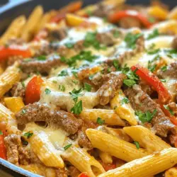 If you’re a fan of rich, savory flavors and hearty meals, the One-Pot Philly Cheesesteak Pasta is a dish you cannot miss. This fusion creation brings the iconic flavors of the classic Philly cheesesteak sandwich into a comforting pasta dish that is perfect for any night of the week. Picture this: tender pieces of steak, sautéed onions, and sweet bell peppers tossed in a creamy, cheesy sauce, all enveloped around perfectly cooked pasta. This dish not only satisfies hunger but also evokes the nostalgia of a beloved sandwich.