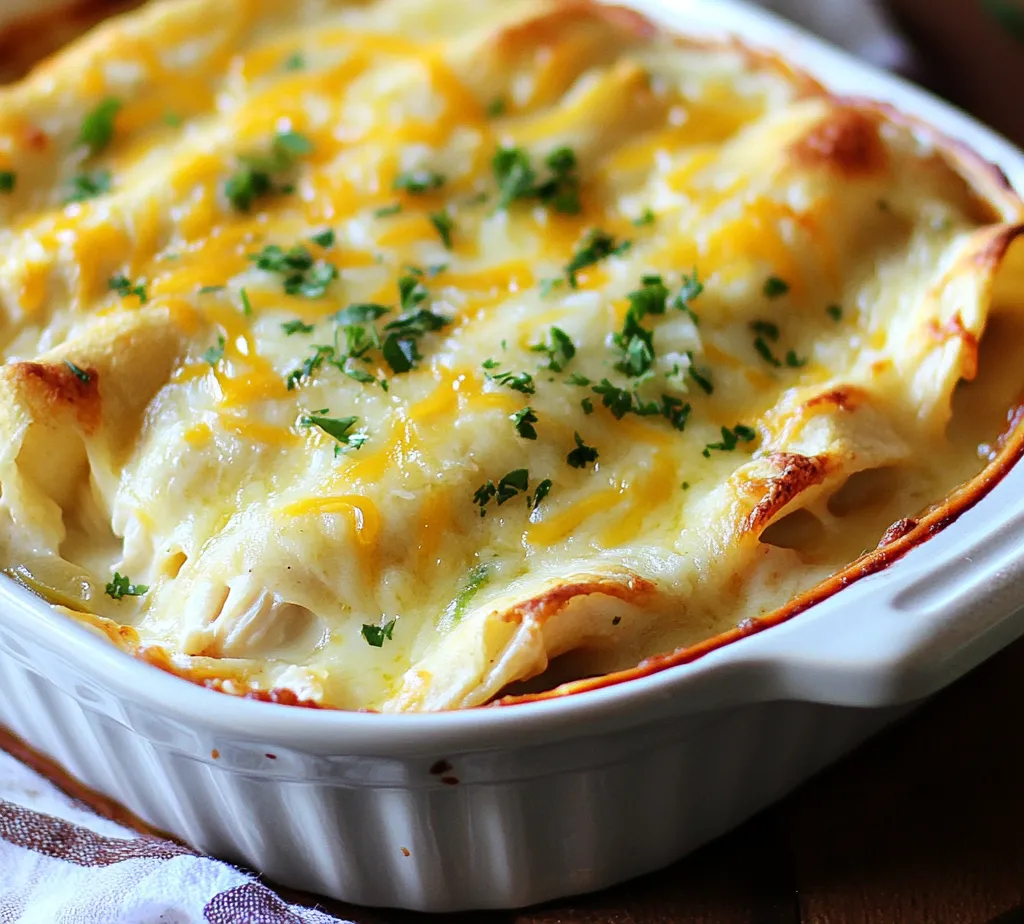 Delve into the heart of Mexican cuisine with this delightful recipe for Cheesy White Chicken Enchiladas. This dish offers a creamy and cheesy take on traditional enchiladas, making it a comforting choice for family dinners or gatherings with friends. Enchiladas have long been a staple in Mexican households, treasured for their versatility and rich flavors. While classic enchiladas typically feature a robust red sauce, this variation elevates the dish to new heights with a velvety white sauce and a medley of cheeses that create an irresistible combination of textures and tastes.