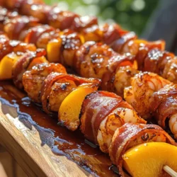 When it comes to summer grilling and vibrant party appetizers, few dishes can rival the tantalizing combination of BBQ, sweet chili, and peach bacon-wrapped shrimp kabobs. This dish embodies a delightful fusion of flavors that beckons food lovers to indulge in its deliciousness. Imagine succulent shrimp, perfectly wrapped in crispy bacon, kissed by the sweetness of ripe peaches and smothered in a tangy BBQ and sweet chili sauce—each bite promising a burst of flavor that transports you to a summer cookout or a festive gathering.