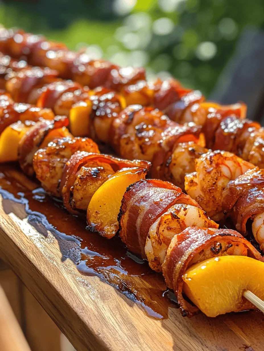 When it comes to summer grilling and vibrant party appetizers, few dishes can rival the tantalizing combination of BBQ, sweet chili, and peach bacon-wrapped shrimp kabobs. This dish embodies a delightful fusion of flavors that beckons food lovers to indulge in its deliciousness. Imagine succulent shrimp, perfectly wrapped in crispy bacon, kissed by the sweetness of ripe peaches and smothered in a tangy BBQ and sweet chili sauce—each bite promising a burst of flavor that transports you to a summer cookout or a festive gathering.