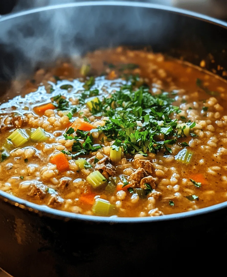 As the temperatures drop and chilly winds sweep through the streets, nothing quite warms the soul like a hearty bowl of soup. The comforting qualities of warm, homemade soups evoke feelings of coziness and nostalgia, making them a staple in many households. Among the numerous soup varieties available, <strong>Hearty Beef and Barley Soup</strong> stands out as a perfect dish for colder months or family gatherings. This robust soup combines savory beef, nutty barley, and an array of vegetables, creating a deliciously filling meal that satisfies both hunger and heart.” /></p>
</p>
<h3>Hearty Beef and Barley Soup: Your Ultimate Comfort Meal</h3>
</p>
<p>Hearty Beef and Barley Soup is not just a delicious dish; it’s also a healthy choice for those seeking a satisfying meal. Packed with nutrients and low in calories, this soup delivers a perfect balance of flavors and benefits. With its wholesome ingredients, it supports heart health, provides energy, and ensures a sense of fullness that can keep hunger at bay for hours. Let’s explore the various aspects of this nourishing recipe, including adaptations, serving suggestions, and cultural significance.</p>
</p>
<h3>Nutritional Benefits of Hearty Beef and Barley Soup</h3>
</p>
<p>This soup is an excellent choice for anyone looking to maintain a healthy diet. The combination of lean beef and barley provides essential nutrients while keeping calorie counts low. Barley is a whole grain that is high in fiber, which aids digestion and promotes heart health. The fiber content also helps to stabilize blood sugar levels, making this soup a great option for anyone watching their carbohydrate intake.</p>
</p>
<p>Moreover, the protein from the beef helps to build and repair tissues, making it both an energy-boosting meal and an excellent source of satiation. The vegetables included in the soup—carrots, celery, and onions—add vitamins and minerals essential for overall health. This hearty soup is not just filling; it also supports a balanced diet, making it an ideal meal for families and individuals alike.</p>
</p>
<h3>Variations and Customizations</h3>
</p>
<p>One of the joys of cooking is the ability to customize recipes to suit your preferences or dietary needs. Here are some variations and substitutions you can make to the Hearty Beef and Barley Soup:</p>
</p>
<p>– <strong>Meat Substitutions</strong>: For a lighter option, consider using chicken or turkey instead of beef. Both proteins work well with the barley and provide a different flavor profile while keeping the soup hearty and satisfying.</p>
</p>
<p>– <strong>Vegetarian or Vegan Adaptations</strong>: If you want to skip the meat entirely, lentils are an excellent substitute for beef. They are packed with protein and create a similar texture and heartiness. You can also use vegetable broth instead of beef broth to maintain the depth of flavor.</p>
</p>
<p>– <strong>Optional Add-Ins</strong>: Feel free to enhance your soup with additional ingredients. Beans, such as kidney or black beans, can add protein and fiber. Mushrooms lend an earthy flavor, while seasonal vegetables like zucchini or spinach can boost the nutritional content and provide variety.</p>
</p>
<h3>Serving Suggestions</h3>
</p>
<p>A bowl of Hearty Beef and Barley Soup can be a meal on its own, but there are several ways to elevate the dining experience:</p>
</p>
<p>– <strong>Ideal Pairings</strong>: Serve the soup with a slice of crusty bread for dipping or a side salad for a refreshing contrast. A sprinkle of grated cheese or a dollop of sour cream can also enhance the flavor and richness of the soup.</p>
</p>
<p>– <strong>Portioning for Different Occasions</strong>: This soup is versatile enough for various settings. For family dinners, serve large bowls filled with soup alongside a fresh salad. For meal prepping, portion out servings in individual containers for easy reheating throughout the week. When entertaining guests, consider serving smaller portions in stylish bowls or mugs for a cozy gathering atmosphere.</p>
</p>
<p>– <strong>Creative Presentation</strong>: Make your soup the star of the table by garnishing it with fresh herbs, like parsley or thyme, and serving it in rustic bowls. Add a side of artisan bread on a wooden board for a charming touch that invites everyone to dig in.</p>
</p>
<h3>Storage and Reheating Tips</h3>
</p>
<p>Proper storage and reheating are key to enjoying your Hearty Beef and Barley Soup over several days:</p>
</p>
<p>– <strong>Best Practices for Storing Leftovers</strong>: Allow the soup to cool completely before transferring it to airtight containers. It can be stored in the refrigerator for up to four days. For longer storage, freeze the soup in freezer-safe containers for up to three months.</p>
</p>
<p>– <strong>Reheating Methods</strong>: To reheat, gently warm the soup on the stovetop over medium heat, stirring occasionally to ensure even heating. If reheating from frozen, thaw the soup in the refrigerator overnight before warming. You can also use the microwave, heating in intervals and stirring to maintain texture and flavor.</p>
</p>
<p>– <strong>Shelf Life and Signs of Spoilage</strong>: Always check for signs of spoilage before consuming leftovers. If the soup has an off smell, unusual color, or mold, it’s best to discard it. Proper storage will help maximize its shelf life and keep it safe to eat.</p>
</p>
<h3>Cultural Significance of Beef and Barley Soup</h3>
</p>
<p>Hearty Beef and Barley Soup has a rich cultural history rooted in various traditions around the world. Barley is one of the oldest cultivated grains and has long been a staple in many cuisines. It has been used for centuries in soups and stews, providing both nutrition and sustenance.</p>
</p>
<p>In many cultures, hearty soups like this one are often seen as comfort food, bringing families together during cold months or festive gatherings. They evoke feelings of warmth and nostalgia, often tied to family recipes passed down through generations. Sharing a bowl of soup can foster a sense of community, making it a cherished dish in many households.</p>
</p>
<p>Personal anecdotes often surface when discussing meals like Hearty Beef and Barley Soup. Many people recall family gatherings where a pot of soup simmered on the stove, filling the home with inviting aromas. These memories highlight the timeless appeal of homemade food and the joy of sharing meals with loved ones.</p>
</p>
<h3>Conclusion</h3>
</p>
<p>Hearty Beef and Barley Soup is not just another meal; it’s a comforting and nourishing experience that brings family and friends together. With its low-calorie nature and rich nutritional profile, this soup is a fantastic choice for those seeking a healthy yet satisfying dish. The variations and customizations allow you to tailor the soup to suit your taste, while the serving suggestions enhance your dining experience.</p>
</p>
<p>As you prepare this delightful recipe at home, you will not only enjoy a delicious meal but also create lasting memories around the dinner table. So gather your ingredients, unleash your creativity, and savor the joy of sharing this classic dish with those you love. Whether you’re enjoying it on a chilly evening or serving it at a festive gathering, Hearty Beef and Barley Soup is sure to warm hearts and fill bellies, reinforcing the timeless appeal of homemade food.</p>
</div>