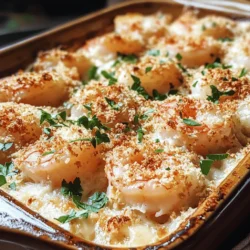 Garlic Shrimp Gratin is a delightful and indulgent dish that perfectly embodies the comforting yet gourmet spirit of seafood cuisine. Imagine plump, succulent shrimp nestled in a creamy, aromatic garlic sauce, topped with a layer of rich, melted Gruyère cheese and a crunchy breadcrumb topping. This dish is not just a meal; it's an experience that elevates any dining occasion, whether it be a casual weeknight dinner, a festive gathering, or a special celebration.