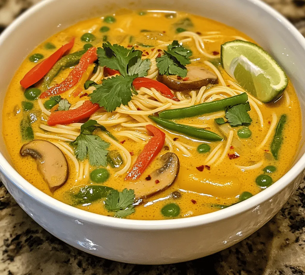 Thai cuisine is celebrated worldwide for its bold flavors, intricate balance of sweet, sour, salty, and spicy elements, and vibrant presentation. Each dish tells a story, often rooted in the rich cultural heritage of Thailand. Among the plethora of delightful offerings, <strong>Spicy & Comforting Thai Red Curry Noodle Soup</strong> stands out as a perfect embodiment of these characteristics, combining the warmth of a hearty soup with the invigorating punch of traditional Thai spices. This dish is not only a feast for the senses but also a soothing remedy for the soul, making it a go-to option for those seeking comfort in a bowl.” /></p>
</p>
<h3>Sautéing Aromatics: Techniques for Maximizing Flavor Extraction</h3>
</p>
<p>To create a robust base for your Spicy & Comforting Thai Red Curry Noodle Soup, it’s essential to sauté the aromatics properly. Start by heating a tablespoon of vegetable oil in a large pot over medium heat. When the oil shimmers, add finely chopped shallots, minced garlic, and grated ginger. Sauté these ingredients for 2-3 minutes until they become translucent and fragrant, releasing their essential oils.</p>
</p>
<p>For the best results, avoid overcrowding the pot, which can lead to steaming rather than sautéing. Stir frequently to ensure even cooking and prevent burning. If you desire a deeper flavor, consider adding a pinch of salt early in the sautéing process; this helps draw moisture out of the aromatics, enhancing their sweetness.</p>
</p>
<h3>Incorporating Curry Paste: Understanding How to Balance Spices</h3>
</p>
<p>Once your aromatics have reached the desired level of tenderness, it’s time to introduce the star of the show: Thai red curry paste. Depending on your spice tolerance, start with 2-3 tablespoons of curry paste and stir it into the sautéed aromatics. Cook this mixture for an additional 2-3 minutes to allow the spices to bloom, intensifying their flavors.</p>
</p>
<p>Balancing the spices is crucial in Thai cuisine. If the paste seems too spicy, you can mellow it out with a splash of coconut milk or a teaspoon of sugar. Taste as you go; the goal is to achieve a harmonious blend of heat, sweetness, and savory depth. Remember that the flavors will develop further as the soup cooks, so don’t be discouraged if it seems a little intense at first.</p>
</p>
<h3>Combining Coconut Milk and Broth: Achieving the Right Texture</h3>
</p>
<p>Next, it’s time to introduce your liquids to the pot. Pour in one can of full-fat coconut milk along with 4 cups of vegetable or chicken broth. Stir the mixture well to combine the curry paste with the liquids, ensuring a smooth and creamy texture.</p>
</p>
<p>Using coconut milk not only adds richness but also balances the spiciness of the curry paste. If you prefer a lighter soup, you can use light coconut milk or a combination of coconut milk and broth. Adjust the quantities based on your desired consistency—more broth for a lighter soup or more coconut milk for a creamier texture.</p>
</p>
<h3>Cooking Vegetables: Tips for Maintaining Crispness and Color</h3>
</p>
<p>As your soup base simmers, it’s time to incorporate the vegetables. For this recipe, consider using bell peppers, carrots, snap peas, and bok choy for a vibrant mix. Cut the vegetables into bite-sized pieces to ensure they cook evenly and quickly.</p>
</p>
<p>Add the veggies to the pot and simmer for about 5-7 minutes. To maintain their crispness and bright color, avoid overcooking them. You want the vegetables to be tender but still have a slight crunch. If you prefer a more rustic texture, add heartier vegetables like sweet potatoes or broccoli earlier in the cooking process, as they require more time to soften.</p>
</p>
<h3>Final Seasoning: Importance of Tasting and Adjusting</h3>
</p>
<p>The final step before serving involves a crucial aspect of cooking: tasting and adjusting seasoning. After the vegetables have cooked through, take a moment to taste your soup. You may find it needs a touch more salt, a hint of sugar to balance the acidity, or a splash of lime juice for brightness.</p>
</p>
<p>If you desire extra heat, consider adding a few slices of fresh chili or a dash of chili flakes. Remember that the flavors will meld together as the soup rests, so it’s best to err on the side of caution with your adjustments.</p>
</p>
<h3>Nutritional Benefits of Thai Red Curry Noodle Soup</h3>
</p>
<h4>Analysis of the Health Benefits of Key Ingredients</h4>
</p>
<p>Thai Red Curry Noodle Soup is not only delicious but also packed with nutritional benefits from its key ingredients. Here’s a breakdown of what each main component brings to the table:</p>
</p>
<p>– <strong>Nutritional Profile of Rice Noodles vs. Whole Grain Options</strong>: Traditional rice noodles are gluten-free and provide quick energy due to their carbohydrate content. However, if you’re looking for a more fiber-rich option, consider using whole grain rice noodles or even soba noodles, which are made from buckwheat and offer additional protein and fiber.</p>
</p>
<p>– <strong>Health Benefits of Coconut Milk and Its Alternatives</strong>: Coconut milk is rich in medium-chain triglycerides (MCTs), which can boost metabolism and provide lasting energy. For a lower-calorie option, you can use light coconut milk or almond milk, though this may alter the soup’s creamy texture.</p>
</p>
<p>– <strong>Fiber and Vitamins from Fresh Vegetables</strong>: The fresh vegetables in your soup contribute essential vitamins, minerals, and fiber, promoting digestive health and overall well-being. Vegetables like bell peppers are high in vitamin C, while bok choy is a great source of vitamin K.</p>
</p>
<p>– <strong>The Impact of Spices on Metabolism and Digestion</strong>: Spices such as ginger and chili peppers not only enhance flavor but also have metabolism-boosting properties. Ginger can aid digestion and reduce inflammation, while capsaicin from chili peppers may help to increase thermogenesis, promoting calorie burning.</p>
</p>
<h3>Serving Suggestions and Pairings</h3>
</p>
<h4>Ideas for Serving the Soup: Bowl Presentation and Garnishing</h4>
</p>
<p>When presenting your Spicy & Comforting Thai Red Curry Noodle Soup, consider using deep, wide bowls that allow the vibrant colors of the soup to shine. Top each serving with a sprinkle of fresh herbs like cilantro or basil, thinly sliced green onions, and lime wedges for a zesty finish.</p>
</p>
<p>For an added crunch, consider garnishing with toasted sesame seeds or crushed peanuts. These not only enhance the visual appeal but also add an extra layer of flavor and texture to your dish.</p>
</p>
<h4>Suggested Side Dishes or Accompaniments that Complement the Soup</h4>
</p>
<p>To create a well-rounded meal, serve your soup alongside simple sides. A fresh Thai cucumber salad, lightly dressed with rice vinegar and sesame oil, pairs beautifully and helps to cut through the richness of the soup. Alternatively, serve it with spring rolls or dumplings for a delightful appetizer that complements the flavors of the soup.</p>
</p>
<h4>Beverage Pairings that Enhance the Dining Experience</h4>
</p>
<p>When it comes to beverages, consider serving your soup with a light, refreshing drink. Iced Thai tea or coconut water can provide a delightful contrast to the spice of the soup. For a more adventurous pairing, a crisp white wine or a light beer could enhance the overall dining experience, making it feel more like a true Thai feast.</p>
</p>
<h3>Variations and Customizations</h3>
</p>
<h4>Suggestions for Vegetarian, Vegan, and Gluten-Free Adaptations</h4>
</p>
<p>One of the beauties of Thai Red Curry Noodle Soup is its versatility. For a vegetarian version, simply ensure that your broth is vegetable-based and replace any animal proteins with tofu or tempeh. For vegans, opt for plant-based coconut milk and skip any fish sauce or animal-derived seasonings.</p>
</p>
<p>If you need a gluten-free adaptation, be sure to use gluten-free rice noodles, which are naturally gluten-free, and double-check that your curry paste does not contain any gluten-derived ingredients.</p>
</p>
<h4>Creative Variations Using Different Proteins</h4>
</p>
<p>You can easily customize your soup by incorporating different proteins. Chicken works wonderfully in this dish; simply sauté bite-sized pieces until cooked through before adding them to the soup. Shrimp is another excellent choice; add them during the last few minutes of cooking for a quick, delicious protein boost.</p>
</p>
<p>For a more plant-based option, try adding chickpeas or lentils for a protein-rich vegetarian twist.</p>
</p>
<h4>Alternative Vegetables and Their Flavor Contributions</h4>
</p>
<p>Feel free to experiment with various vegetables based on your preference or seasonal availability. Zucchini, mushrooms, and spinach can add unique flavors and textures to your soup. For a heartier version, consider adding sweet potatoes or butternut squash, which will infuse the dish with a natural sweetness.</p>
</p>
<h3>Conclusion</h3>
</p>
<p>In summary, the Spicy & Comforting Thai Red Curry Noodle Soup is a delightful blend of flavors, textures, and nutritional benefits. Its warming characteristics make it perfect for any occasion, and the adaptability of the recipe encourages exploration of different ingredients and spices.</p>
</p>
<p>As you embark on your culinary adventure through Thai cuisine, remember that cooking is not just about preparing food; it’s about creating memories and sharing experiences with loved ones. Embrace the joy of cooking, and don’t hesitate to experiment with your own variations of this flavorful soup. Whether you’re enjoying it alone or serving it at a gathering, this soup is sure to be a comforting favorite that warms both heart and soul.</p>
</div>