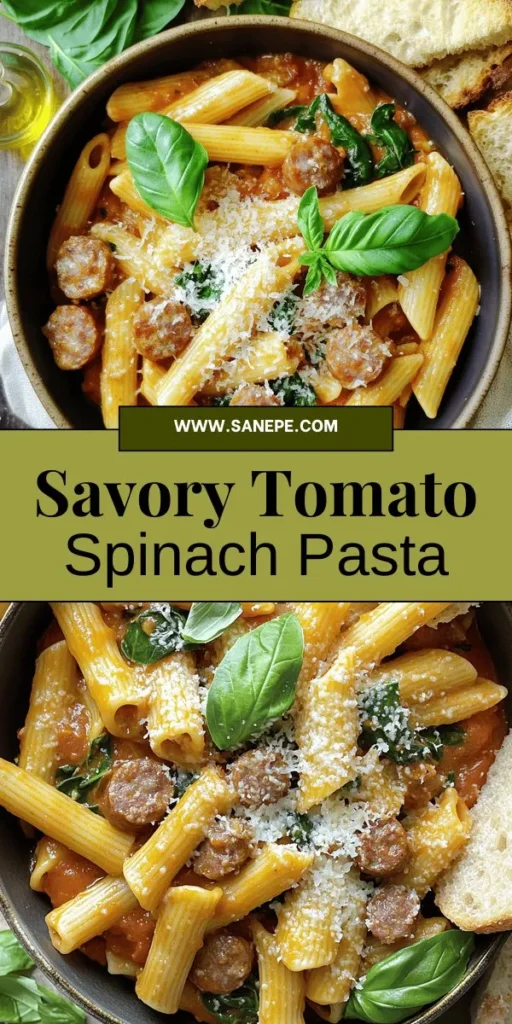 Looking for a comforting and delicious meal? Try Tomato Spinach Sausage Pasta! This hearty dish blends savory sausage, fresh spinach, and tangy tomatoes for a flavor-packed experience. Perfect for busy weeknights or family gatherings, it's versatile too—swap in turkey sausage or whole grain pasta for lighter options. Dive into the recipe now and elevate your dinner game with this satisfying, well-balanced bowl of goodness! Click through for the full details!