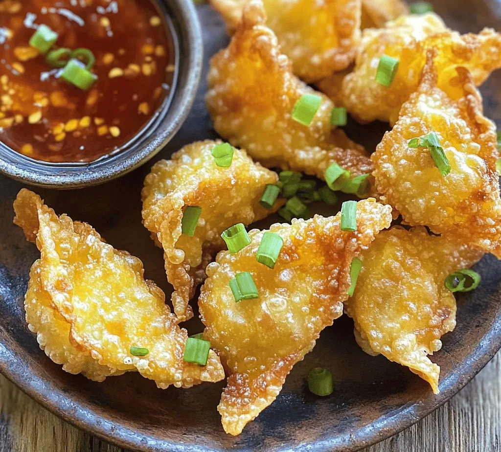 Delve into the culinary world with our Crispy Crab Rangoon Delight, a delectable appetizer that perfectly combines creamy and savory flavors. Originating from American Chinese cuisine, these delightful bites are a crowd favorite, ideal for parties, gatherings, or simply as a satisfying snack. The recipe features a rich filling made from crab meat and cream cheese, all wrapped in a crispy wonton shell that delivers a satisfying crunch with every bite. Whether you're hosting a dinner party, celebrating a special occasion, or just craving something delicious, this recipe is sure to impress your guests and tantalize their taste buds.