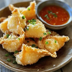 Delve into the culinary world with our Crispy Crab Rangoon Delight, a delectable appetizer that perfectly combines creamy and savory flavors. Originating from American Chinese cuisine, these delightful bites are a crowd favorite, ideal for parties, gatherings, or simply as a satisfying snack. The recipe features a rich filling made from crab meat and cream cheese, all wrapped in a crispy wonton shell that delivers a satisfying crunch with every bite. Whether you're hosting a dinner party, celebrating a special occasion, or just craving something delicious, this recipe is sure to impress your guests and tantalize their taste buds.