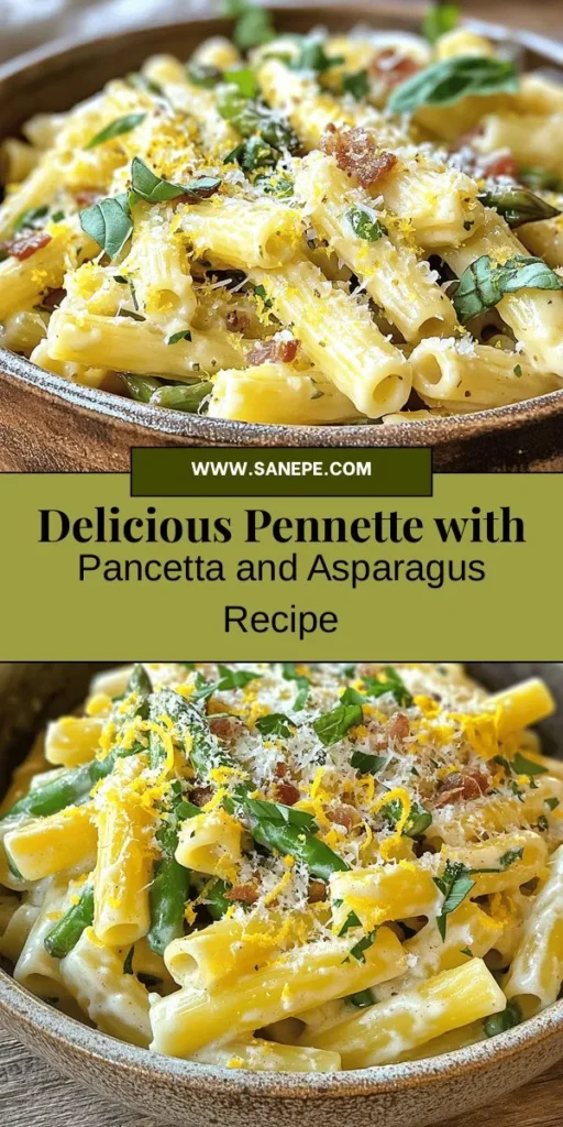 Indulge in a delicious Italian delight with this easy Pennette with Pancetta and Asparagus recipe. Featuring al dente pennette pasta, savory pancetta, and fresh asparagus, this dish bursts with flavor and texture. Perfect for any occasion, it takes just a few simple ingredients to create a gourmet experience at home. Impress your family and friends with this authentic taste of Italy! #PastaRecipe #ItalianCuisine #EasyCooking #DinnerIdeas #Foodie #PastaLovers #HomemadeMeals