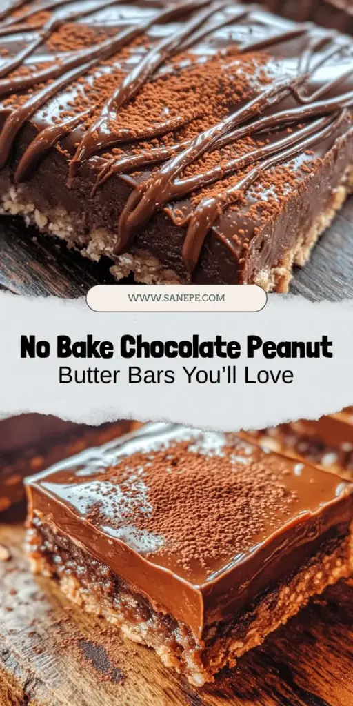 Indulge in the deliciousness of No Bake Chocolate Peanut Butter Bars—an easy and satisfying treat perfect for any occasion! This quick dessert combines graham cracker crumbs, rolled oats, and creamy peanut butter, topped with rich chocolate for a mouthwatering finish. Ideal for snacks, gatherings, or a sweet treat for the family, you can customize these bars to fit various dietary preferences. Try them today! #NoBakeDesserts #ChocolatePeanutButter #SweetTreats #HealthySnacks #QuickRecipes #DessertIdeas