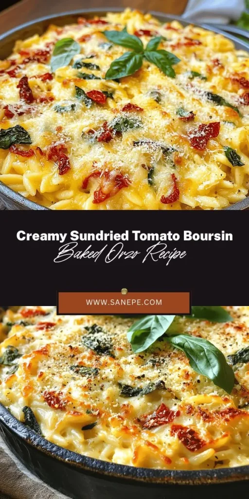 Indulge in the creamy goodness of Sundried Tomato Boursin Baked Orzo, a comforting dish that is perfect for family dinners or cozy nights in. This delightful recipe blends velvety Boursin cheese with tangy sun-dried tomatoes and fresh spinach for a gourmet experience. Easy to make and rich in flavor, every bite is a nourishing hug on a plate. Bring the taste of comfort home and impress your loved ones! #BakedOrzo #ComfortFood #PastaRecipes #SundriedTomatoes #BoursinCheese #FamilyDinner #FoodieFaves