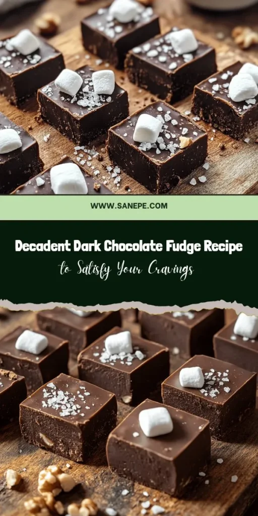 Satisfy your sweet cravings with this incredibly easy and decadent dark chocolate fudge recipe. With its rich, velvety texture and customizable options like nuts or marshmallows, it's perfect for any occasion. Indulge yourself or impress your guests with this luxurious treat. Learn how to create the ultimate chocolate experience that balances intense flavor and creamy sweetness. Join the fudgy fun today! #DarkChocolate #Fudge #DessertLove #EasyRecipes #ChocolateLovers #HomemadeTreats #SweetTooth