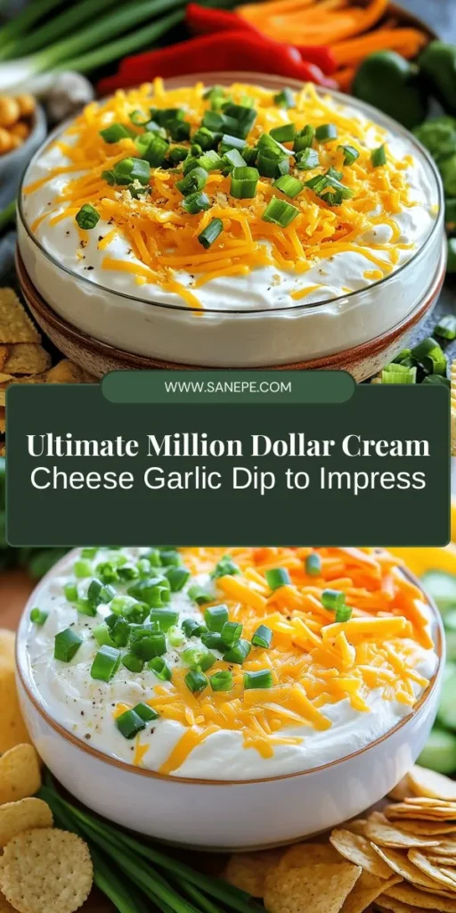 Discover the deliciousness of Million Dollar Cream Cheese Garlic Dip! This creamy, savory dip combines rich cream cheese, tangy sour cream, and robust garlic for a flavor explosion. Perfect for parties, game days, or cozy nights in, it's a crowd-pleaser that will leave everyone wanting more. Customize with herbs or add crispy bacon for a twist. Serve it with fresh veggies, chips, or crackers for the ultimate snack experience! #DipRecipe #PartyFood #Appetizers #CreamCheeseDip #GarlicLovers