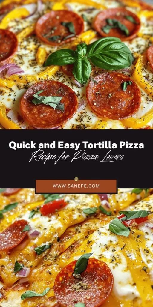 Craving pizza but short on time? Try the Tortilla Pizza Delight for a speedy twist on a classic favorite! This quick recipe uses tortillas for a crispy crust, allowing you to whip up a delicious meal in under 15 minutes. Customize with your choice of sauce, cheese, and toppings for a unique flavor experience. Perfect for busy weeknights or spontaneous snack attacks! Get creative and make it your own. #TortillaPizza #QuickRecipes #PizzaLovers #EasyMeals #FoodieFun