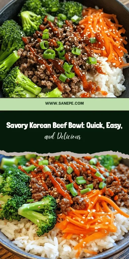 Discover the vibrant and delicious world of Korean cuisine with this easy-to-make Korean Beef Bowl! Featuring tender ground beef, fresh vegetables, and a delightful blend of soy sauce and sesame oil, this dish perfectly balances savory and sweet flavors. Ready in under 30 minutes, it's a healthy and satisfying meal perfect for busy nights. Try it today and enjoy a taste of Korea at home! #KoreanBeefBowl #KoreanCuisine #EasyRecipes #HealthyEating #QuickMeals #Foodie #ComfortFood #DinnerInspiration