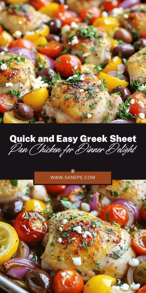 Discover the flavors of the Mediterranean with this easy Greek-Inspired Sheet Pan Chicken recipe! This delightful dish pairs juicy marinated chicken thighs with vibrant vegetables like cherry tomatoes and bell peppers, all roasted together for a quick and nutritious meal. Perfect for busy weeknights, it's packed with healthy ingredients that nourish and satisfy. Enjoy a taste of Greece right at home! #SheetPanDinner #GreekCuisine #HealthyEating #MediterraneanDiet #EasyRecipes #FamilyMeals