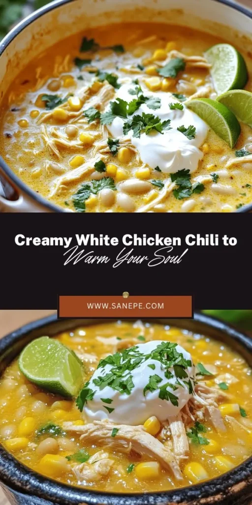 Experience the cozy comfort of Creamy White Chicken Chili, a delightful twist on the classic dish. This creamy, protein-packed meal is easily customizable to suit various dietary needs and preferences, making it perfect for gatherings or weeknight dinners. With tender chicken, hearty white beans, and rich flavors, this chili is both satisfying and nutritious. Serve it with cornbread or tortilla chips for a complete meal! #CreamyWhiteChickenChili #ComfortFood #ChiliRecipe #HealthyEating #MealPrep #DinnerIdeas