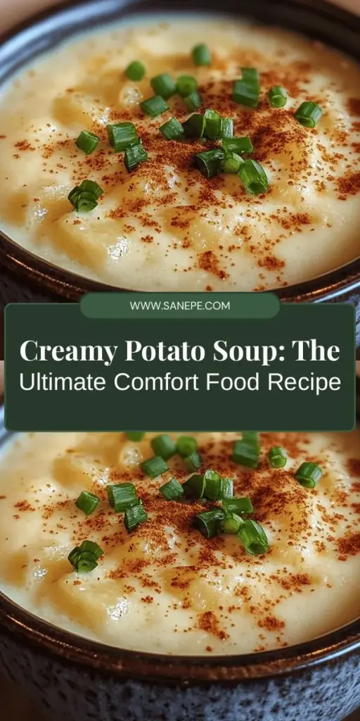 Warm up your evenings with the ultimate comfort food: creamy potato soup! This recipe highlights Yukon Gold potatoes for a rich, velvety texture complemented by sautéed onions, garlic, and a splash of heavy cream. Perfect for family gatherings or cozy nights in, this soup is versatile and easy to customize with your favorite toppings like bacon or cheese. Discover the joy of homemade soup today! #PotatoSoup #ComfortFood #Homemade #SoupRecipe #CozyMeals