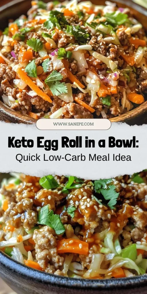 Discover the deliciousness of Keto Egg Roll in a Bowl, a low-carb twist on a classic favorite! This easy recipe is packed with flavor, healthy ingredients, and can be prepared in just 30 minutes, making it perfect for busy nights. Enjoy the vibrant crunch of coleslaw mix, savory ground meat, and aromatic seasonings for a satisfying meal that fits your keto lifestyle. Try it today and enjoy a guilt-free indulgence! #Keto #HealthyEating #LowCarbRecipe #EggRollInABowl #MealPrep