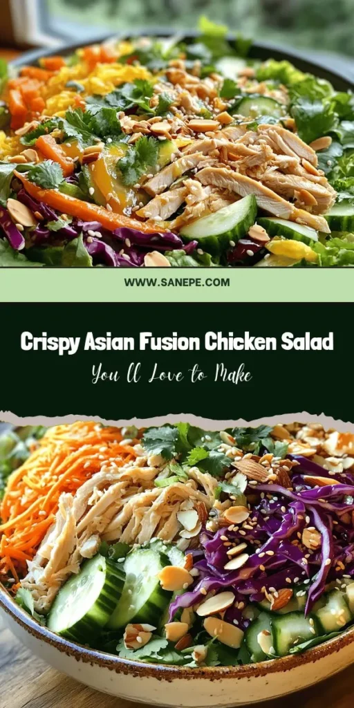 Discover the vibrant and refreshing Crispy Asian Fusion Chicken Salad, perfect for lunch, dinner, or gatherings! This easy-to-make dish combines rotisserie chicken, fresh salad greens, colorful veggies, and a flavorful homemade dressing that’s both nutritious and satisfying. Enjoy the delightful crunch of nuts and seeds, and customize it to your taste! Elevate your meal prep with this tasty salad recipe. #AsianFusion #HealthyEating #ChickenSalad #MealPrep #FreshSalad #DeliciousFood #RecipeIdeas