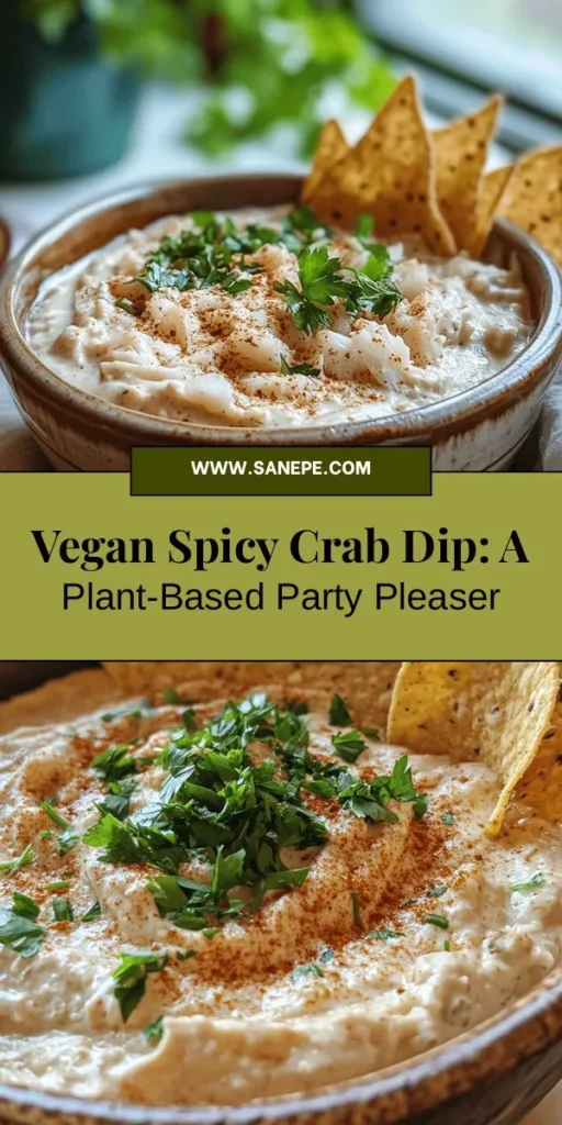 Discover the ultimate crowd-pleaser with this Vegan Spicy Crab Dip recipe! Perfect for any gathering, this creamy, spicy dip uses hearts of palm, cashews, and vegan cream cheese to tantalize your taste buds without seafood. Packed with flavor and healthy ingredients, it’s a guilt-free indulgence. Serve with tortilla chips or baguette slices for a delicious experience your guests will love. Try it today! #VeganRecipes #Appetizers #PlantBased #HealthyEating #SpicyDip #VeganCrabDip