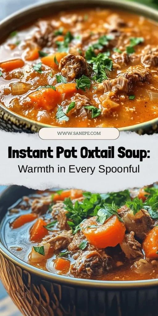 Warm up your evenings with a Hearty Instant Pot Oxtail Soup. This comforting dish features tender oxtails, vibrant vegetables, and aromatic herbs that create a rich, satisfying flavor. Quick and easy to make thanks to the Instant Pot, this nourishing soup is perfect for chilly nights or any time you crave something delicious. Discover the full recipe and cooking tips for your new favorite meal! #OxtailSoup #InstantPot #ComfortFood #SoupRecipes #HomeCooking #MealPrep