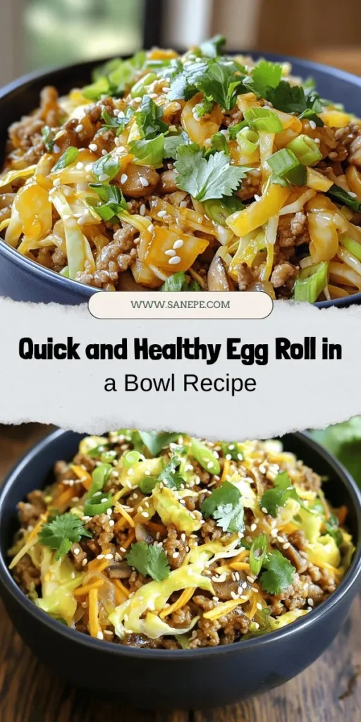 Discover the deliciousness of Egg Roll in a Bowl, a vibrant and healthy alternative to traditional egg rolls. This one-pan dish combines savory ground meat, colorful veggies, and bold seasonings, making it perfect for busy weeknights. With customizable ingredients, it suits various dietary needs while delivering all the flavors you love. Try this recipe for a quick, satisfying meal! #EggRollInABowl #HealthyEating #QuickMeals #AsianCuisine #MealPrep #Recipes #Foodie