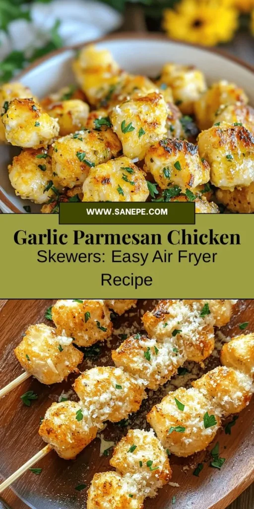 Delight in the flavors of Air Fryer Garlic Parmesan Chicken Skewers! This easy recipe transforms juicy chicken with aromatic garlic and rich Parmesan into delicious skewers, perfect for dinner or entertaining. Enjoy a healthier option with less oil while still achieving crispy perfection. Serve with dipping sauces or over salads for a versatile dish everyone will love. Try this delicious recipe and elevate your cooking game! #AirFryer #ChickenSkewers #HealthyEating #EasyRecipes #Foodie