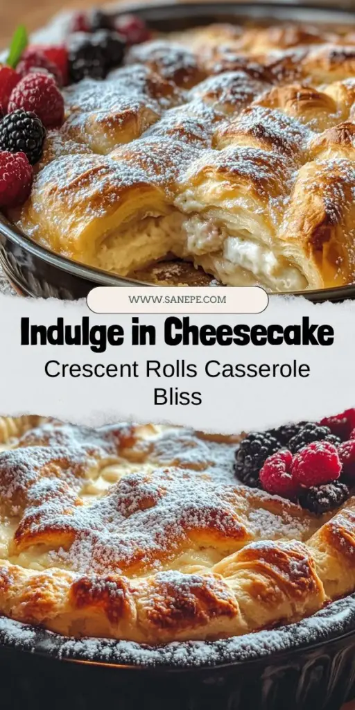 Indulge in the deliciousness of Cheesecake Crescent Rolls Casserole, a perfect blend of creamy cheesecake and flaky crescent rolls. This easy-to-make dessert is a visual and flavorful delight, ideal for brunches, potlucks, or family gatherings. Impress your guests with its rich texture and comforting taste! Don’t forget to top with powdered sugar and fresh berries for an extra touch! #Dessert #Casserole #Cheesecake #Baking #SweetTreats #RecipeIdeas #Brunch