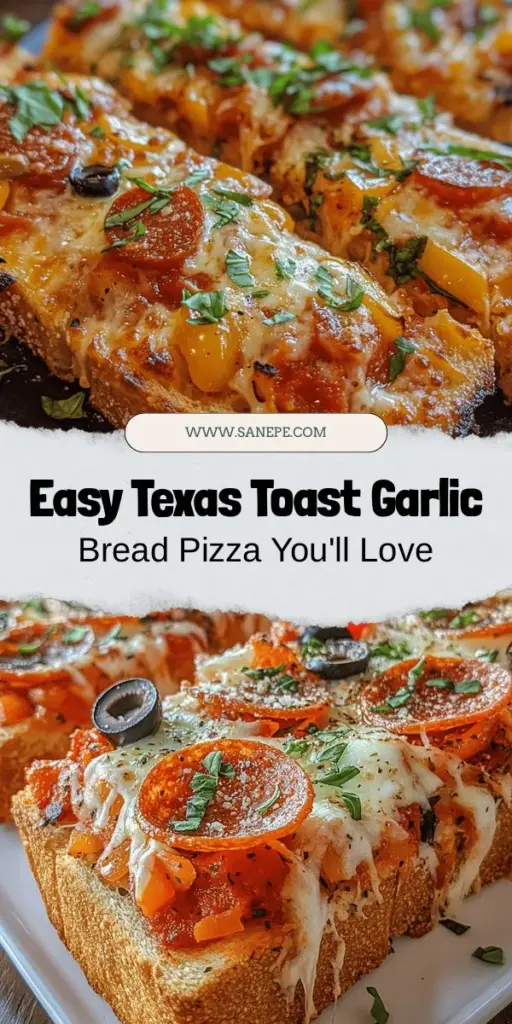 Discover the mouthwatering delight of Texas Toast Garlic Bread Pizza! This quick and easy recipe combines crispy, buttery Texas Toast with your favorite pizza toppings for a satisfying meal that's perfect for any occasion. Customize each slice to your taste, whether you’re a fan of pepperoni, fresh veggies, or gourmet cheeses. Ideal for weeknight dinners or gatherings, this dish promises comfort and flavor in every bite. #TexasToast #GarlicBreadPizza #PizzaNight #ComfortFood #EasyRecipes #FamilyMeals #Foodie