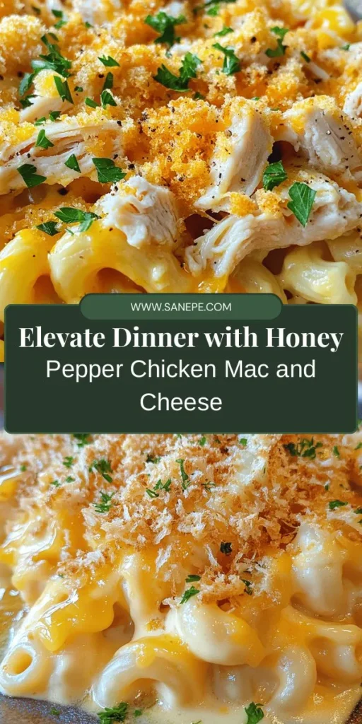 Elevate your comfort food game with this mouthwatering Honey Pepper Chicken Mac and Cheese! A delightful twist on the classic, this dish features tender, honey-glazed chicken mixed with creamy elbow macaroni and a blend of cheeses, all topped with a crispy panko crust. Perfect for family dinners and gatherings, it promises to impress everyone at the table. Try it out today! #MacAndCheese #ComfortFood #FamilyDinner #HoneyPepperChicken #RecipeIdeas #Foodie