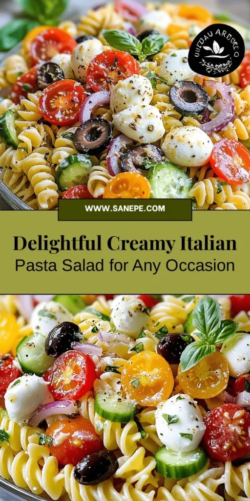 Discover the vibrant flavors of our Creamy Italian Pasta Salad! Perfect for gatherings, picnics, or family dinners, this dish combines tri-color rotini, fresh vegetables, olives, and creamy dressing for a delightful experience. Customize it with proteins or swap ingredients for dietary preferences. Enjoy the health benefits of fresh produce while indulging in this visually appealing and satisfying meal. Try it today! #PastaSalad #ItalianRecipes #HealthyEating #FamilyMeals #SummerRecipes #EasyRecipes