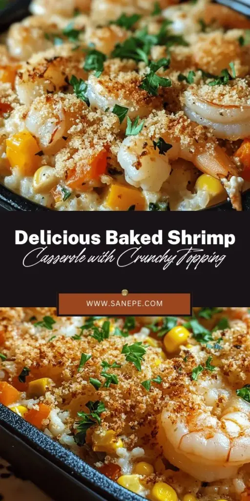 Indulge in the comforting flavors of this Baked Shrimp Casserole topped with a golden, buttery crumb topping. Perfect for dinner parties or family gatherings, this dish combines tender shrimp, creamy sauce, and sautéed vegetables for a hearty meal. Serve it alongside a fresh salad or roasted veggies for added nutrition. Easy to make yet impressive, this recipe will surely please seafood lovers and casual diners alike! #ShrimpCasserole #ComfortFood #SeafoodRecipe #DinnerIdeas #CookingAtHome