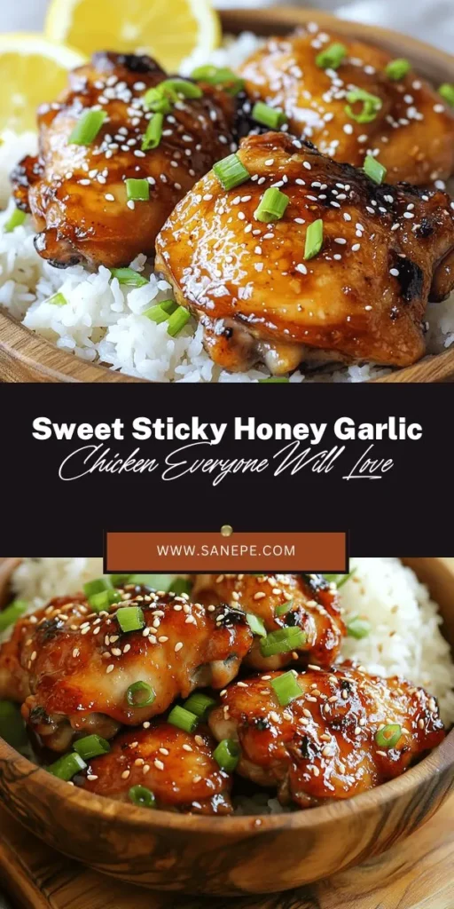 Discover the irresistible flavors of Sweet & Sticky Honey Garlic Chicken! This mouthwatering recipe combines the sweetness of honey with savory soy sauce, garlic, and ginger for a dish that's perfect for any occasion. Made with juicy chicken thighs, it's easy to prepare and adaptable for stir-fries, rice bowls, or salads. Elevate your meals and impress your guests with this crowd-pleasing favorite. Perfect for weeknight dinners or special gatherings! #HoneyGarlicChicken #EasyRecipes #DeliciousMeals #ChickenRecipes #CookingAtHome