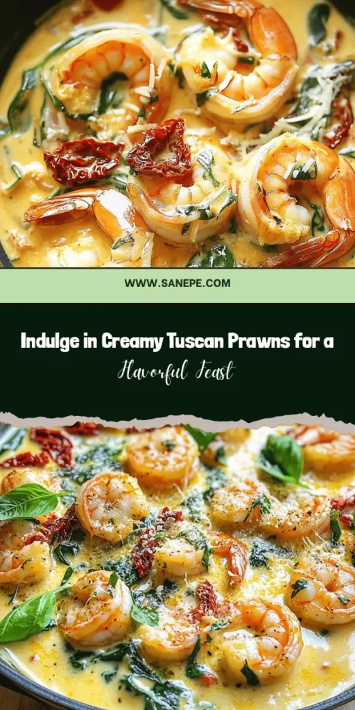 Experience the taste of Italy with Creamy Tuscan Prawns, a rich and indulgent seafood dish that transforms simple ingredients into a flavor explosion! This recipe highlights succulent prawns enveloped in a creamy sauce featuring garlic, sun-dried tomatoes, and fresh spinach. Perfect for any occasion, it's easy to make and sure to impress. Discover a delicious balance of health and elegance on your dinner table! #TuscanPrawns #ItalianCuisine #SeafoodLovers #EasyRecipes #DinnerIdeas