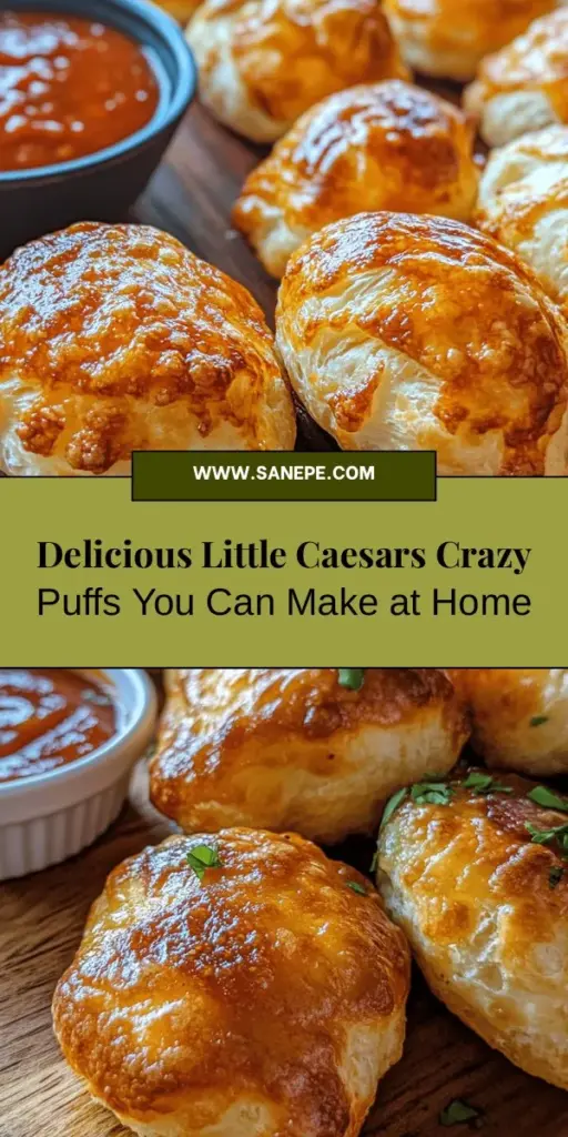 Bring the joy of Little Caesars Crazy Puffs to your kitchen with this easy recipe! These delicious, stuffed dough balls are perfect as snacks, appetizers, or sides, and can be customized with endless fillings. Made with simple ingredients like mozzarella, pepperoni, or your favorite veggies, they are crispy on the outside and gooey on the inside. Enjoy dipping them in marinara or ranch for an irresistible treat! #CrazyPuffs #LittleCaesars #SnackRecipes #ComfortFood #CookingAtHome