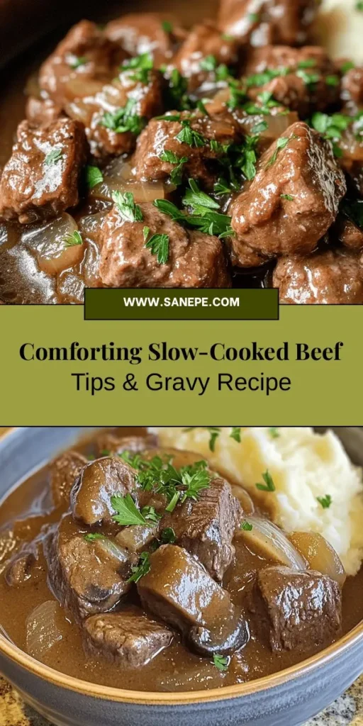 Warm up your kitchen with the comforting aroma of Slow-Cooked Savory Beef Tips & Gravy! This easy recipe transforms tough cuts of beef into tender, flavorful bites, perfect served over mashed potatoes, rice, or noodles. Using a slow cooker means you can set it and forget it, making it ideal for busy days. Enjoy a classic meal that brings family together, creating delicious memories. Try it today! #SlowCooking #BeefTips #ComfortFood #FamilyMeals #SlowCookerRecipes