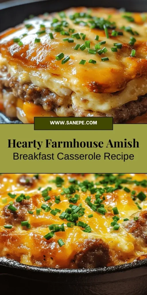 Start your day with comfort and flavor by making the Farmhouse Amish Breakfast Casserole! This hearty dish combines breakfast sausage, fresh vegetables, cheese, and day-old bread for a satisfying meal perfect for family gatherings or special occasions. Easy to prepare and customize, this casserole embodies the warmth of Amish cooking traditions, making it an inviting centerpiece for any table. Try it for your next brunch! #BreakfastCasserole #AmishCooking #FarmhouseRecipes #BrunchIdeas #ComfortFood