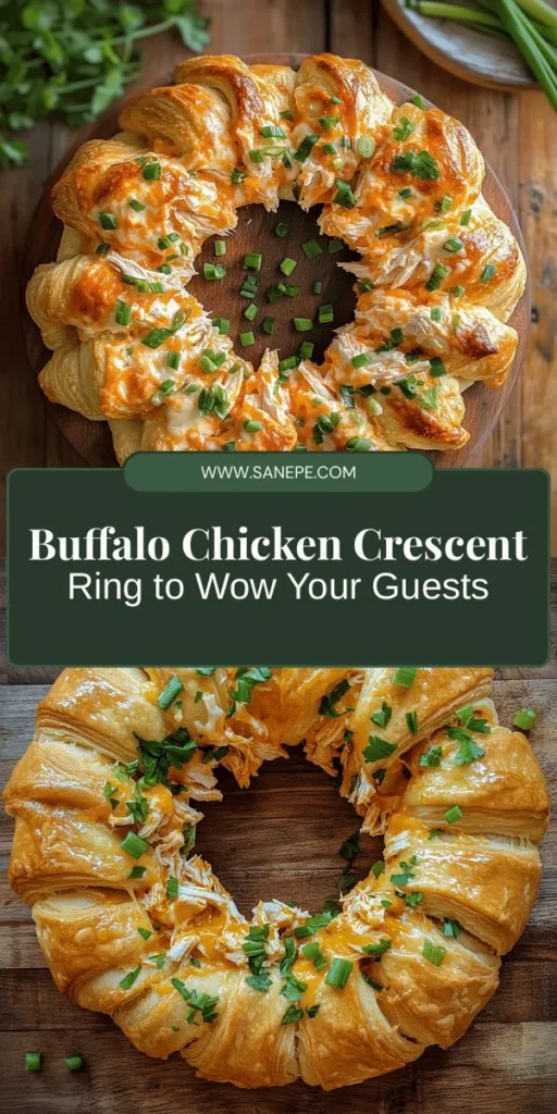 Get ready to impress your guests with the mouthwatering Buffalo Chicken Crescent Ring! This crowd-pleaser combines spicy buffalo chicken with flaky crescent roll dough for a deliciously fun appetizer. Perfect for parties, game days, or family dinners, it’s easy to make and sure to satisfy. With key ingredients like shredded chicken, cream cheese, and buffalo sauce, this dish is both flavorful and visually appealing. Don’t miss out—try it today! #BuffaloChicken #CrescentRing #PartyFood #Appetizers #GameDaySnacks #DeliciousRecipe #CookingAtHome