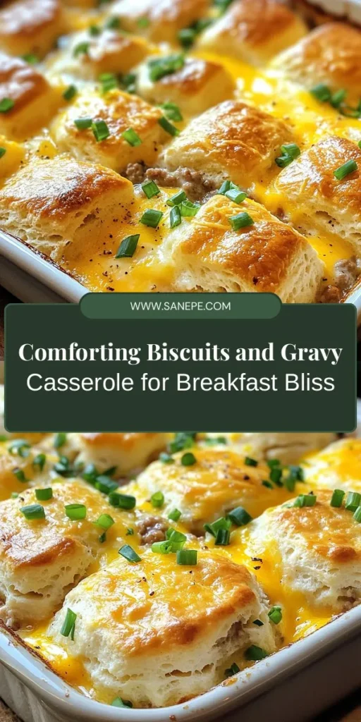 Warm up your mornings with this Comforting Biscuits and Gravy Breakfast Casserole! This easy-to-make dish combines flaky biscuits, savory sausage, and creamy eggs into a delightful casserole that's perfect for family brunches or holiday gatherings. Each bite is bursting with rich flavors that evoke nostalgia. Transform your breakfast routine and enjoy a hearty meal that brings everyone together. Try it out for your next occasion! #BreakfastCasserole #BrunchIdeas #ComfortFood #BiscuitsAndGravy #FamilyRecipes #EasyRecipes