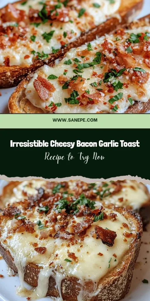 Indulge in the ultimate comfort food with Cheesy Bacon Garlic Toast! This mouthwatering recipe features crispy bacon, gooey mozzarella, and aromatic garlic on crunchy sourdough bread. Perfect for appetizers, snacks, or a light dinner, it's quick to make and incredibly satisfying. Customize it with your favorite toppings and serve with a salad or dip for a delightful meal. Get ready for a cheesy, savory experience! #CheesyBaconGarlicToast #ComfortFood #Appetizers #Foodie #Yum #Sourdough #SnackIdeas