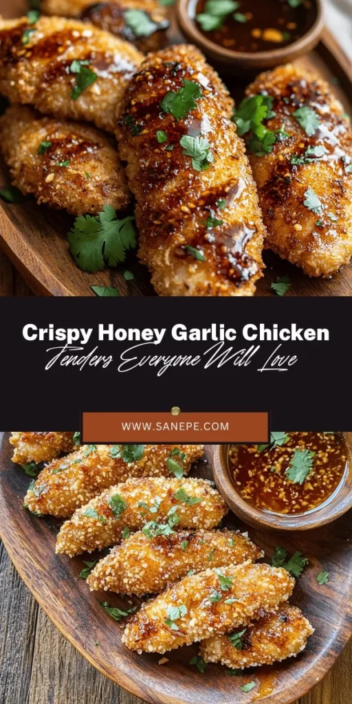 Discover the deliciousness of Honey Garlic Crispy Chicken Tenders! This flavorful dish features tender chicken strips coated in a crispy panko crust, drizzled with a sweet and savory honey garlic sauce. Perfect for family dinners or casual get-togethers, this recipe is sure to impress. Learn to achieve the perfect texture and flavor balance with high-quality ingredients and easy cooking techniques. Enjoy a culinary delight your loved ones will crave! #ChickenTenders #HoneyGarlic #CrispyChicken #FamilyRecipes #EasyCooking #Foodie #DinnerIdeas #Yummy