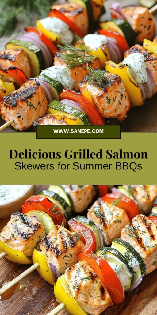 Elevate your summer barbecues with these delicious grilled salmon skewers featuring a creamy dill yogurt sauce! This vibrant dish combines flavorful salmon with fresh vegetables, perfect for impressing family and friends. Packed with omega-3s and essential nutrients, it’s not only tasty but also healthy. Easy to prepare, these skewers are a must-try for your next gathering. Get ready to savor a delightful summer meal! #GrilledSalmon #SummerRecipes #HealthyEating #BBQDelight #FoodieFun