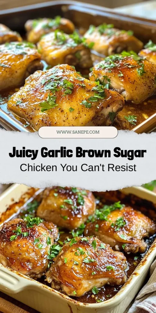 Discover the mouthwatering flavors of Irresistibly Juicy Baked Garlic Brown Sugar Chicken! This recipe features succulent chicken thighs coated in a rich garlic and brown sugar glaze, creating the perfect sweet and savory delight. Easy to prepare, it's a winner for family dinners and gatherings. Pair it with roasted veggies or mashed potatoes for a complete meal that everyone will love. #ChickenRecipes #EasyDinner #BakedChicken #ComfortFood #CookingAtHome #Foodie #RecipeOfTheDay #Yummy