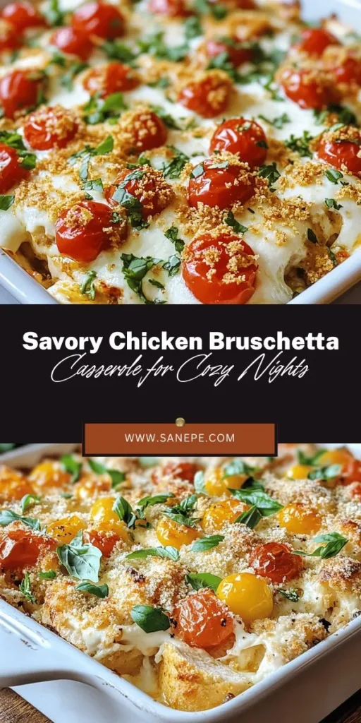 Discover a comforting and flavorful dish with this Savory Chicken Bruschetta Casserole! Combining tender chicken, juicy cherry tomatoes, aromatic basil, and melty cheese, this recipe is a delightful twist on the classic Italian appetizer. Perfect for family dinners or meal prep, it’s easy to make and packed with nutrition. Layer it up, bake, and enjoy every delicious bite! #ChickenBruschetta #Casserole #EasyRecipes #ComfortFood #MealPrep #ItalianCuisine #Foodie