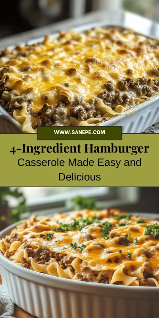 Try making a delicious and comforting Easy Peasy 4-Ingredient Hamburger Casserole tonight! With just ground beef, cream of mushroom soup, cooked egg noodles, and cheddar cheese, whip up a hearty meal in under an hour. Perfect for busy weeknights or family gatherings, this recipe is versatile and can accommodate various dietary preferences. Customize with veggies or alternative proteins for a unique twist! #Casserole #ComfortFood #QuickMeal #EasyRecipes #DinnerIdeas #FamilyFriendly #Homemade