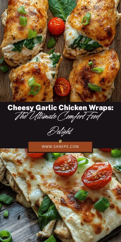 Looking for the ultimate comfort food? Try these Cheesy Garlic Chicken Wraps! Packed with creamy cheese, savory garlic, and juicy chicken, these wraps are perfect for any meal. Customize them with fresh veggies like spinach and tomatoes for added nutrition. Easy to make and full of flavor, they're great for quick dinners or lunches. Get ready to satisfy your cravings with this delightful recipe. #CheesyGarlicWraps #ComfortFood #EasyRecipes #MealPrep #ChickenWraps #Foodie